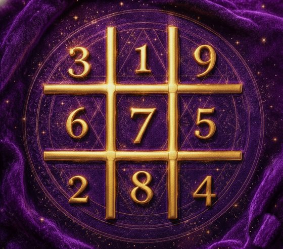 Golden Vedic numerology grid on royal purple velvet