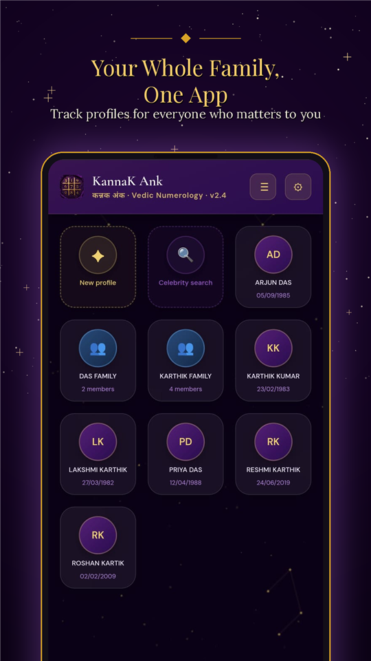 Your whole family, one app — KannaK Ank profiles screen